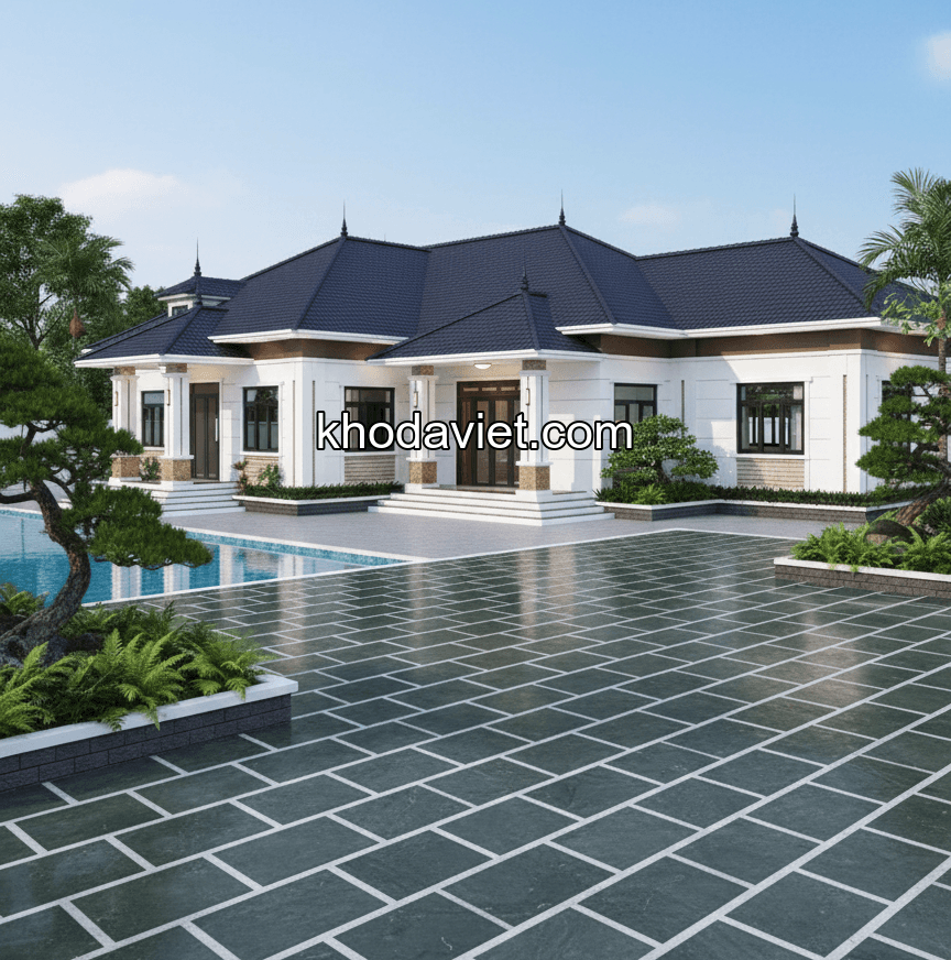 Xu hướng biệt thự mái Nhật 2026 lát sân bằng đá xanh đen 