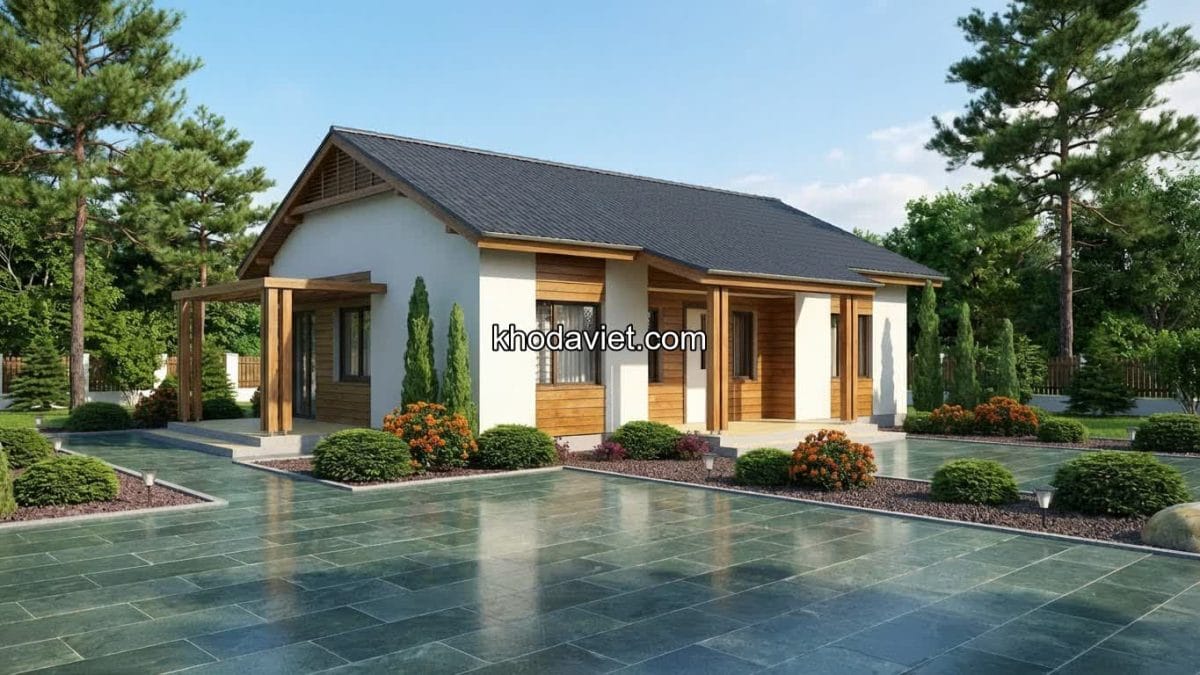 Nhà mái Thái lát sân bằng đá xanh rêu Thanh Hóa