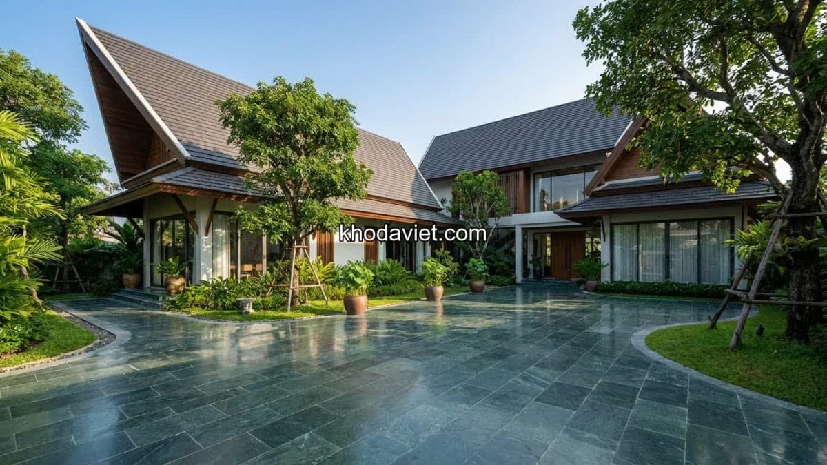 Biệt thự mái Thái 1 tầng lát sân bằng đá xanh rêu mài hone.