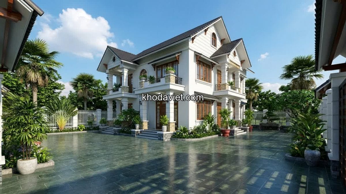 Biệt thự mái Thái lát sân bằng đá xanh rêu mài hone.