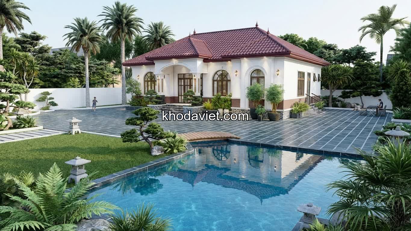 Biệt thự mái Nhật lát sân bằng đá xanh đen Thanh Hóa
