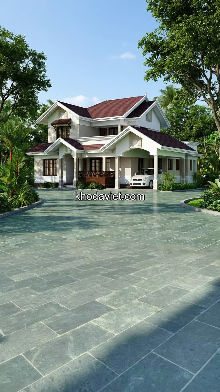 Mẫu nhà sân vườn đẹp 2026 lát đá xanh